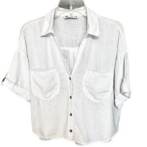 ZARA Ladies White Linen Button-Front Cropped Pocket Shirt Size Medium
